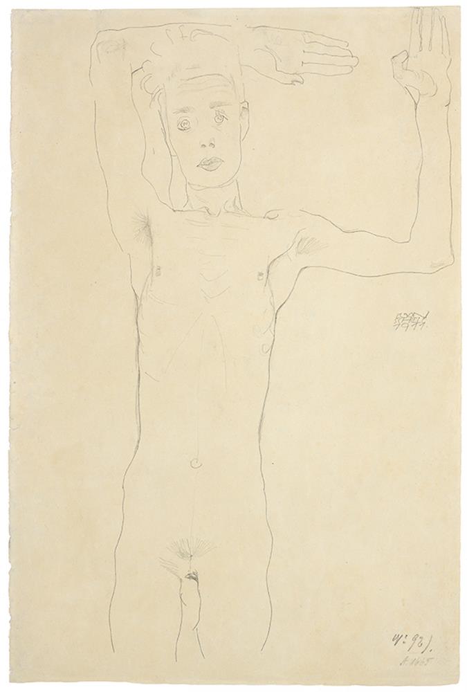 Standing Male Nude with Raised Arms (Self-Portrait)
